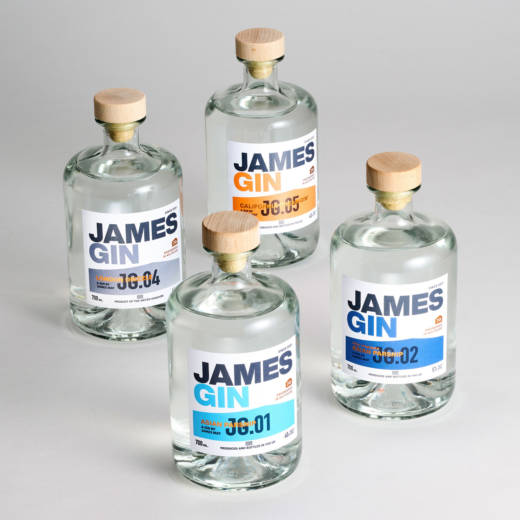 The Fab Four Gin Bundle. Featuring Asian Parsnip, California Dreamgin, London Drizzle and Asian Parsnip Navy Strength. Gin by James May. Produced and Bottled in the UK.