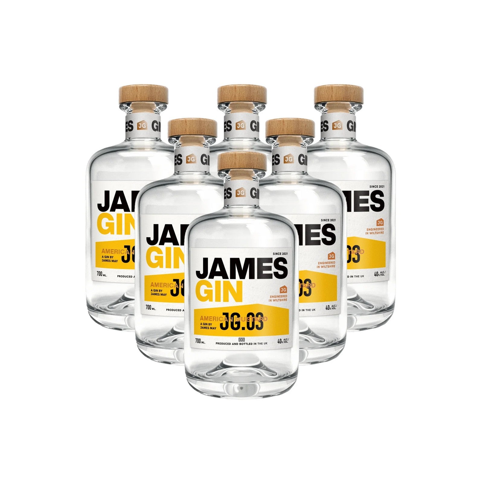 Six bottles of James Gin American Mustard on a white background