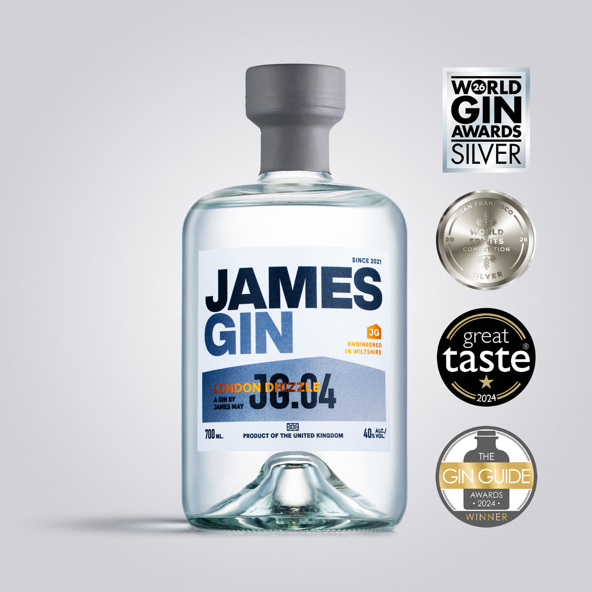 Bottle of London Drizzle Gin with Awards | James Gin US | Award Winning Gin by James May