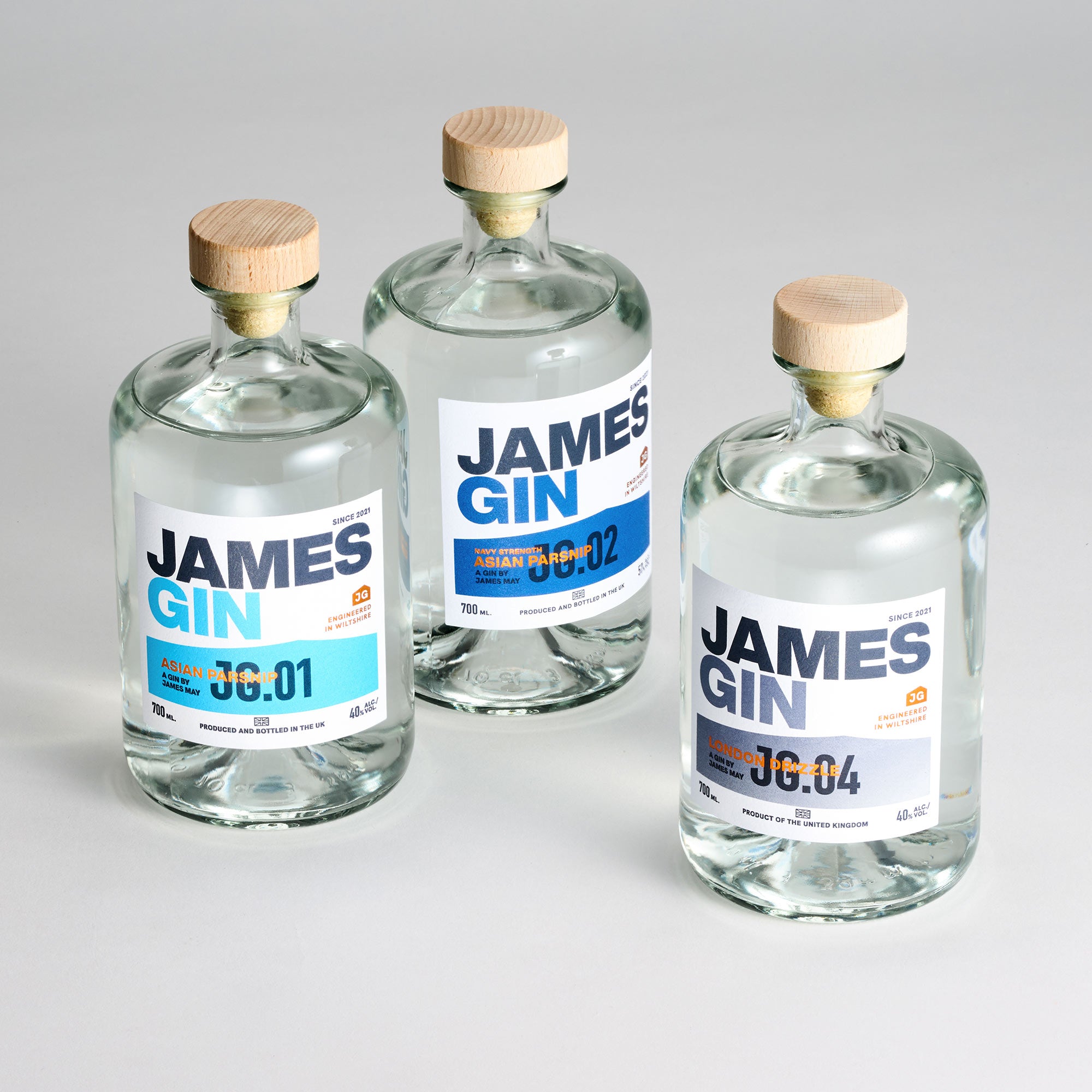 The Power of Three Gin Bundle. Featuring Asian Parsnip, London Drizzle and Asian Parsnip Navy Strength. Gin by James May. Produced and Bottled in the UK.