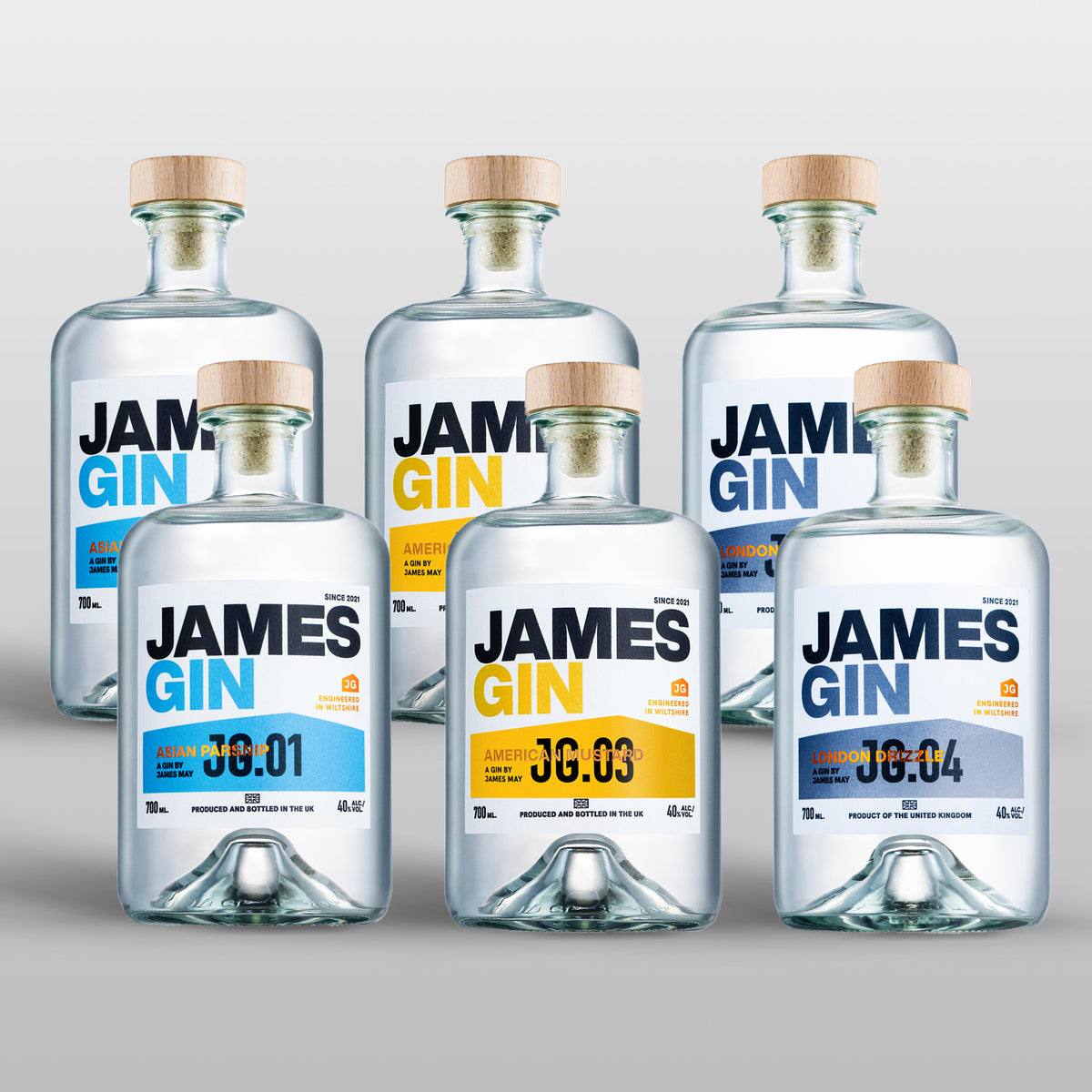 James Gin London Drizzle, American Mustard and Asian Parsnip Bottles – Premium Craft Gin by James May, produced and bottled in UK.