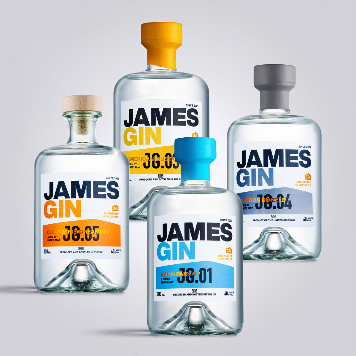 James Gin California Dreamgin, London Drizzle, American Mustard and Asian Parsnip Bottles – Premium Craft Gin by James May, produced and bottled in UK.
