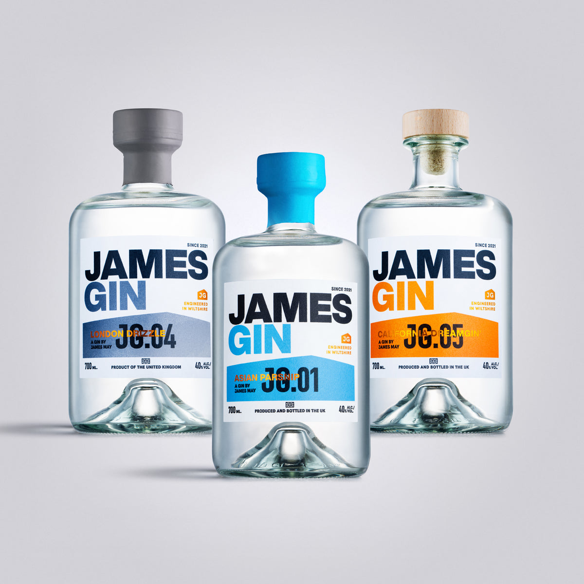 James Gin California Dreamgin, London Drizzle and Asian Parsnip Bottles – Premium Craft Gin by James May, produced and bottled in UK.