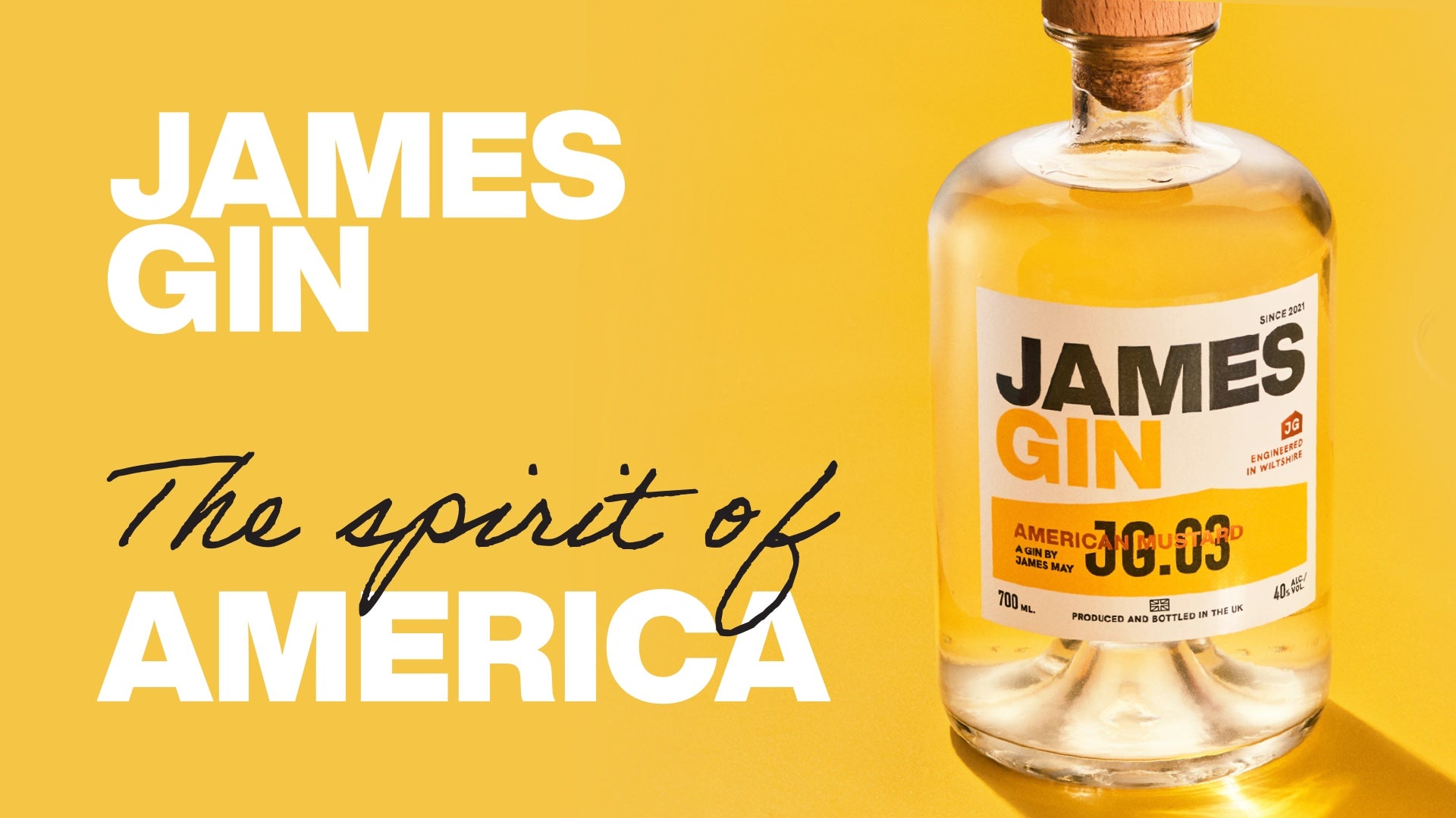 Bottle of James Gin with a yellow background and text.