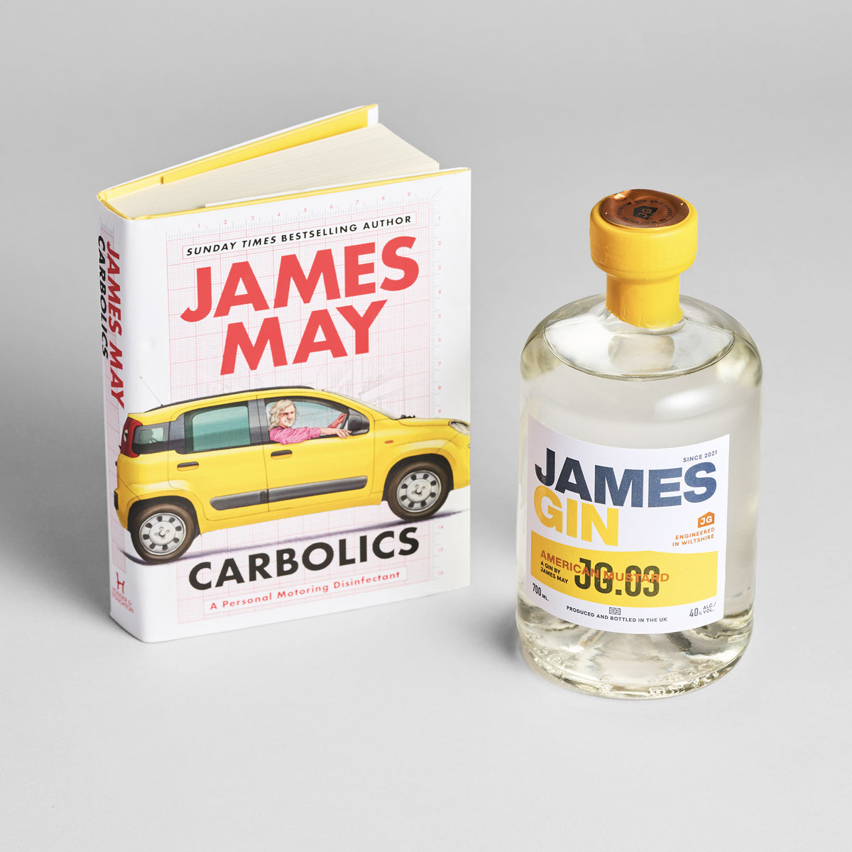 James May Carbolics signed book and gin gift bundle featuring a personally signed copy of his book and a bottle of James Gin of your choice.