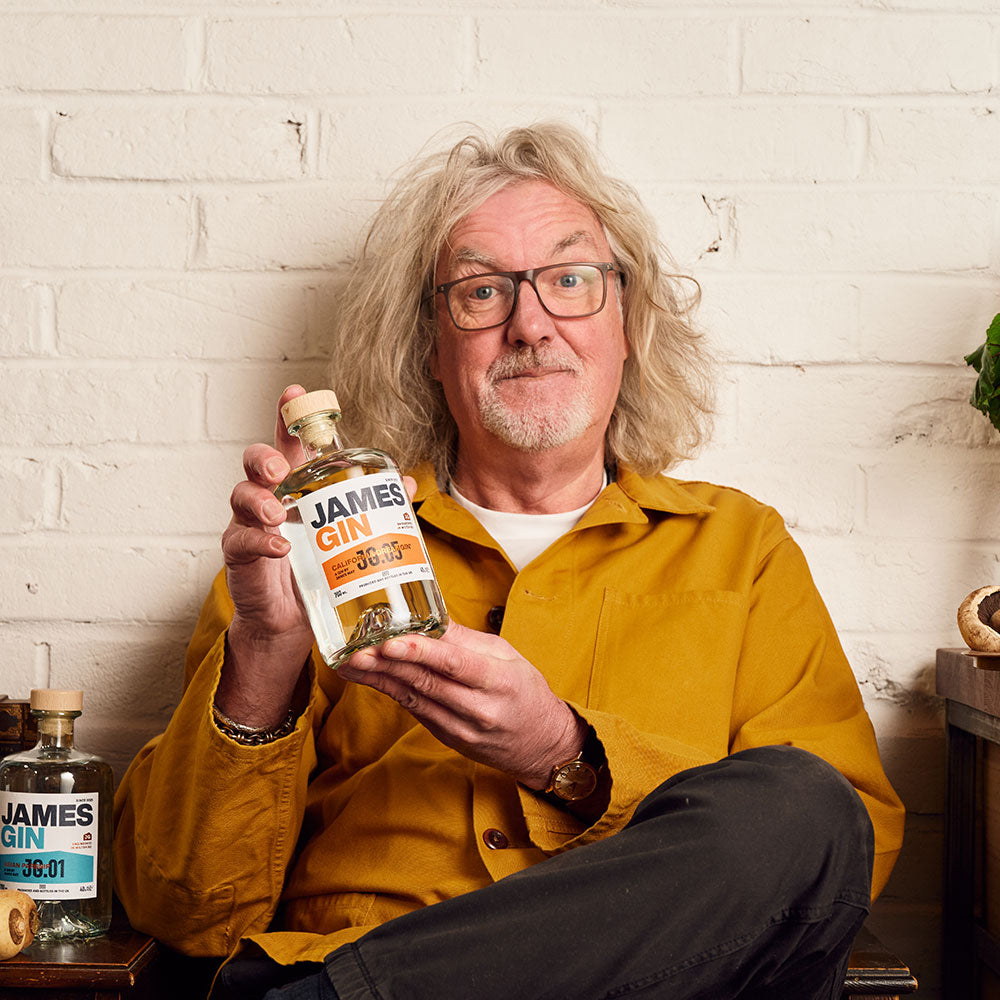 James May holding a bottle of California Dreamgin. Produced and Bottled in the UK.