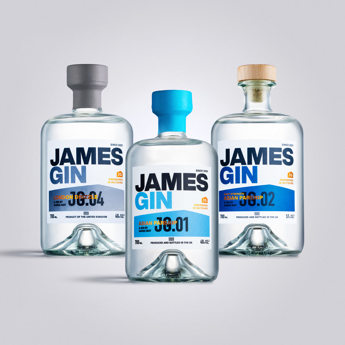 James Gin California Dreamgin, London Drizzle, Asian Parsnip Navy Strength, American Mustard and Asian Parsnip Bottles – Premium Craft Gin by James May, produced and bottled in UK.
