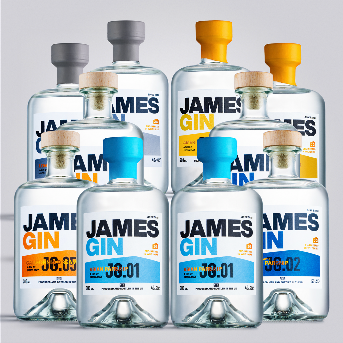 James Gin Navy Strength Asian Parsnip, London Drizzle, American Mustard, California Dreamgin and Asian Parsnip Bottles – Premium Craft Gin by James May, produced and bottled in UK.