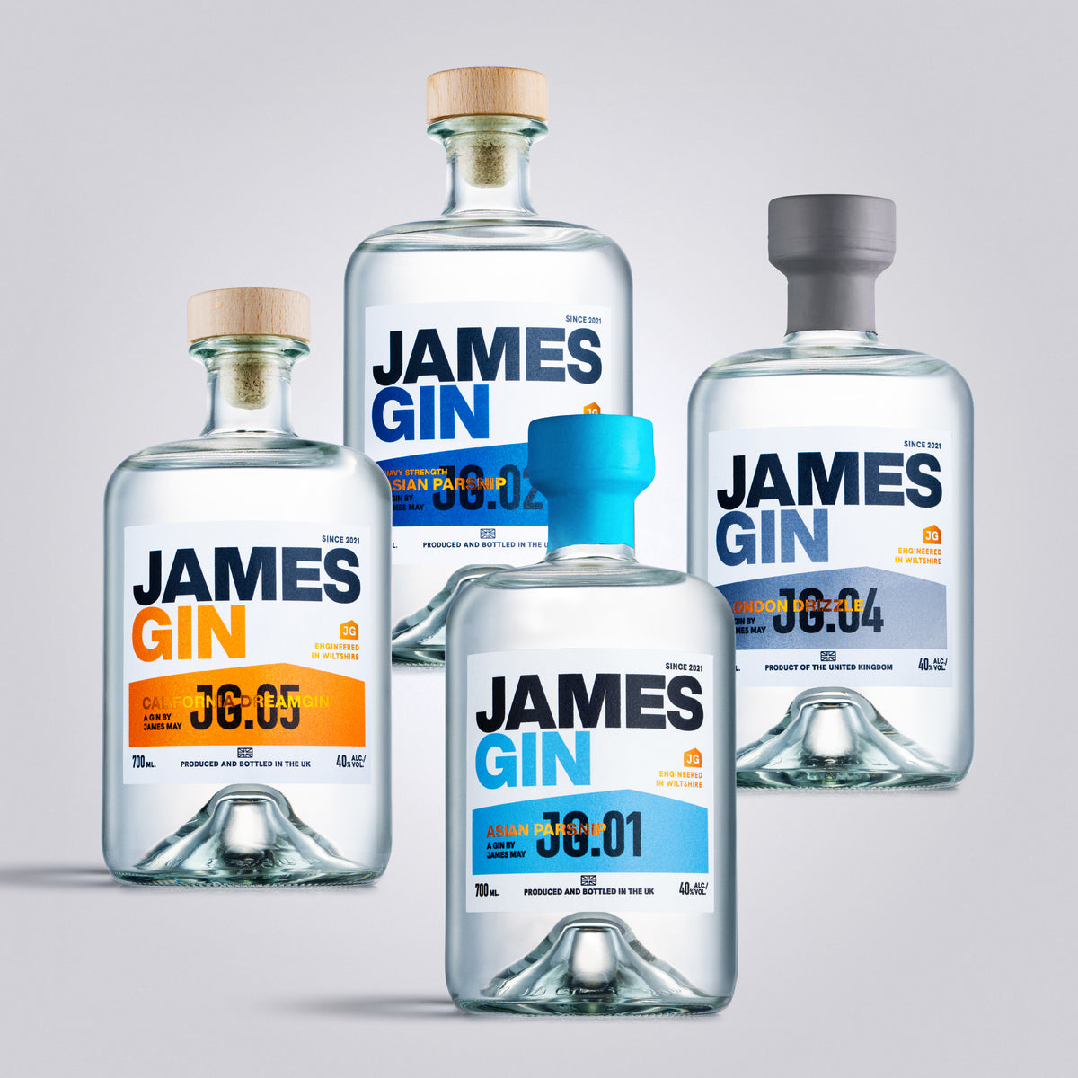 James Gin California Dreamgin, London Drizzle, Asian Parsnip Navy Strength, and Asian Parsnip Bottles – Premium Craft Gin by James May, produced and bottled in UK.