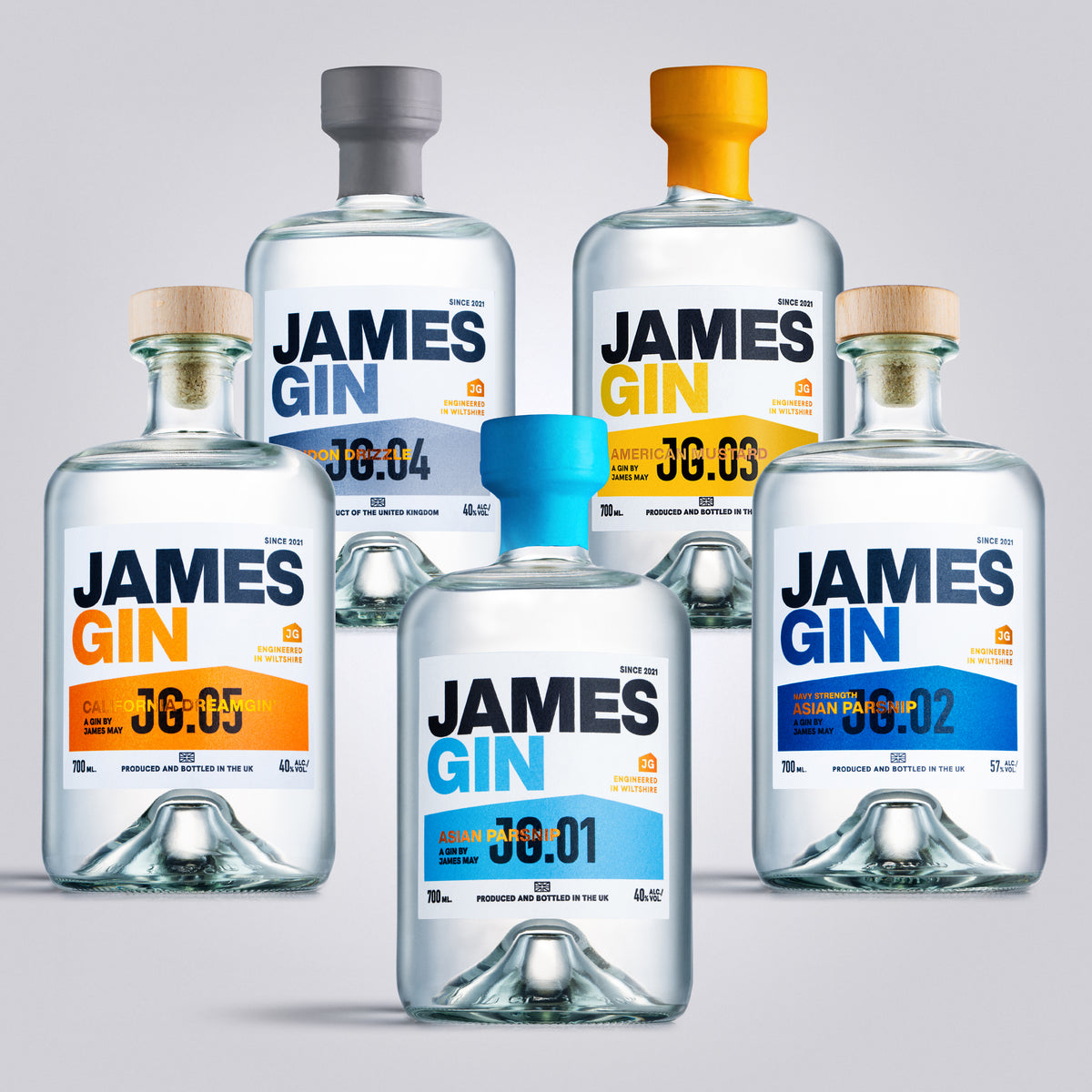 James Gin California Dreamgin, London Drizzle, Asian Parsnip Navy Strength, American Mustard and Asian Parsnip Bottles – Premium Craft Gin by James May, produced and bottled in UK.
