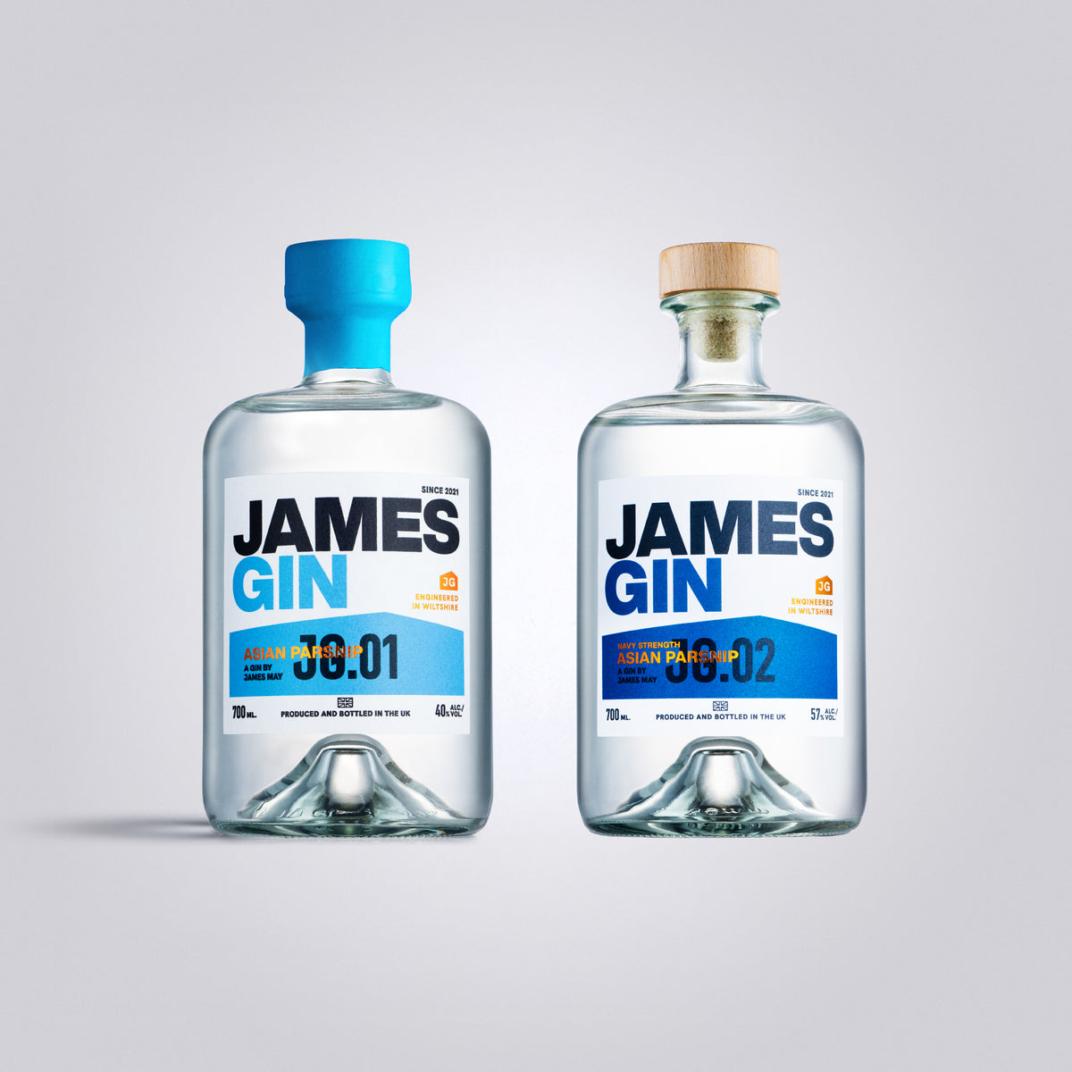James Gin Asian Parsnip Navy Strength and Asian Parsnip Bottles – Premium Craft Gin by James May, produced and bottled in UK.